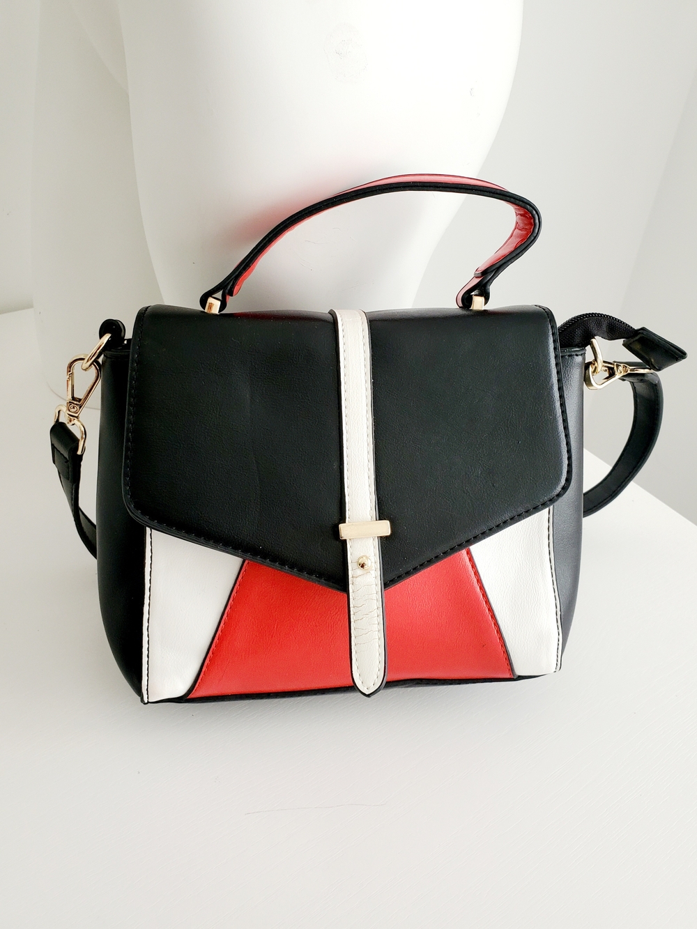 Colorblock Top Handle Crossbody Flap Bag Black White Red